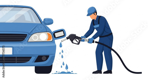 Man fueling a blue car at a gas station with a nozzle.
