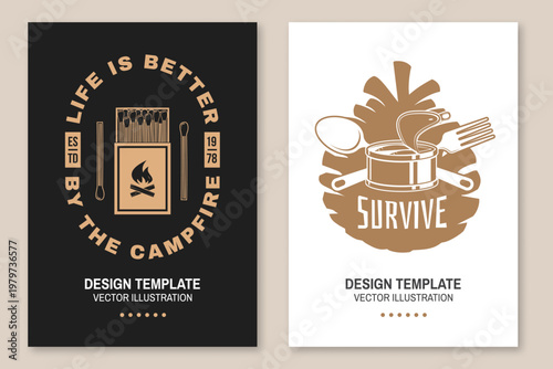 Outdoor camping poster set with matchbox and matches campfire scene and canned food with spoon and fork survival illustration black and white typography design templates for print t shirt sticker