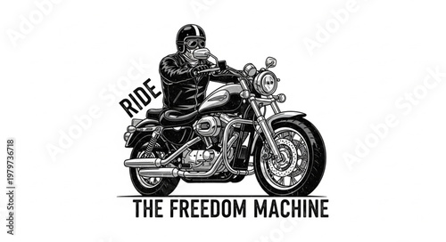 Man riding a classic motorcycle with text overlay.