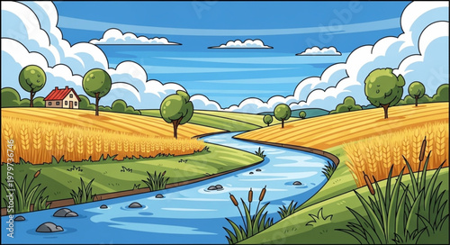 Serene countryside stream with green trees.