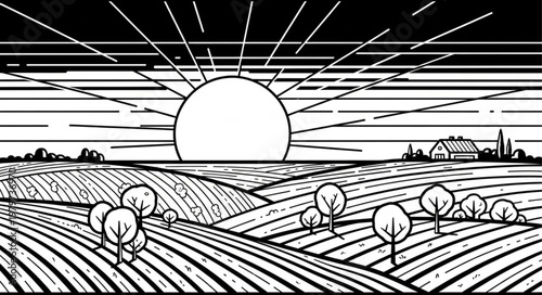 Sun shining over farm fields landscape.