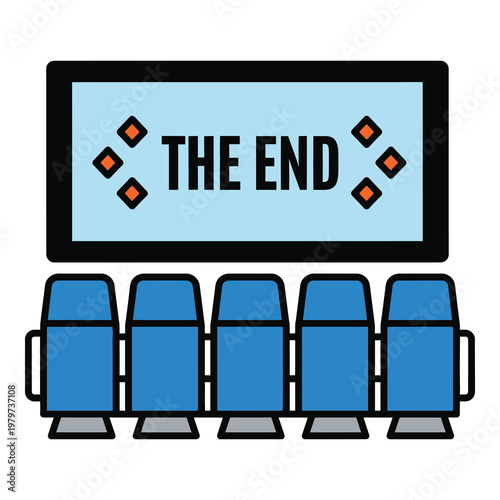 Movie theater seats in front of screen with the end text  cinema audience icon