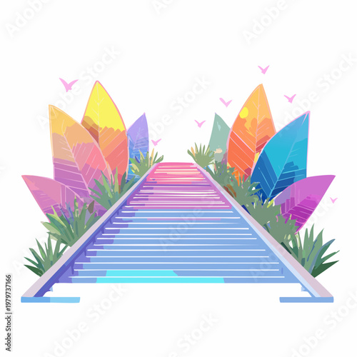 Vibrant stairs leading to a colorful fantasy world with glowing crystals and mystical plants