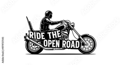 Man Riding Motorcycle with Open Road Text Graphic.