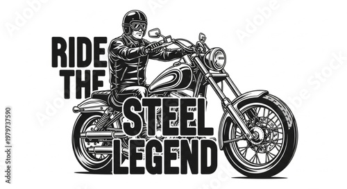 Man Riding Motorcycle with Steel Legend Text.