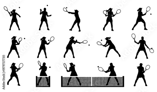 Female Tennis Player Silhouette Icon Set with Professional Sports Action Poses for Training and Design