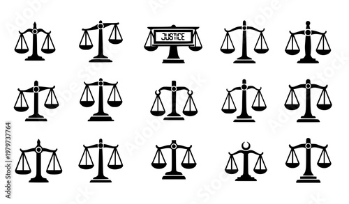 Justice Scales Silhouette Icon Set with Various Legal Balance Designs for Law and Court Systems