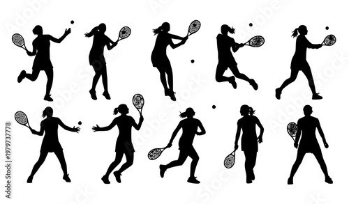 Female Tennis Player Silhouette Action Set with Dynamic Sports Poses for Vector Design