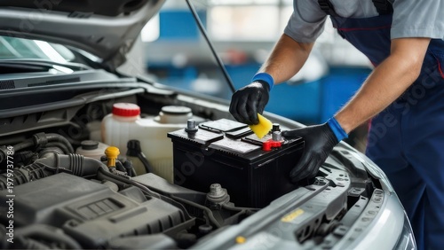 Mechanic working on a car battery