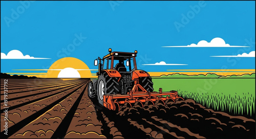 Tractor plowing field with large wheels.