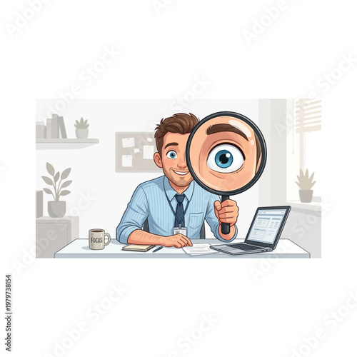 Man holding magnifying glass closeup eye.