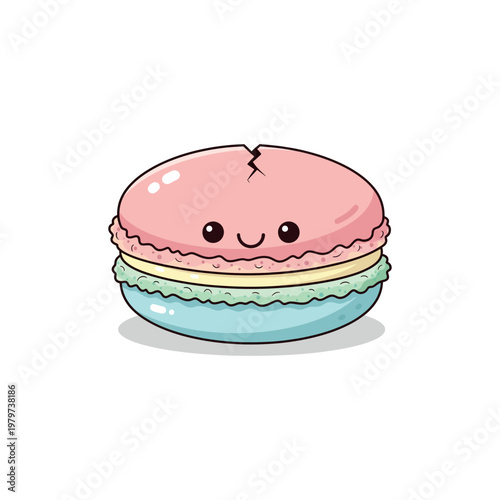 Colorful cartoon macaron dessert smiling face.