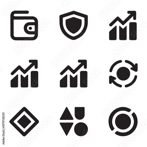 Collection of nine black business and finance icons