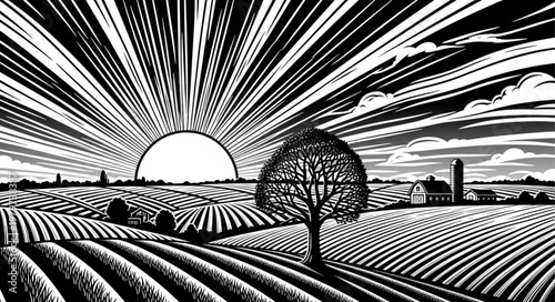 Tree in a plowed field landscape.