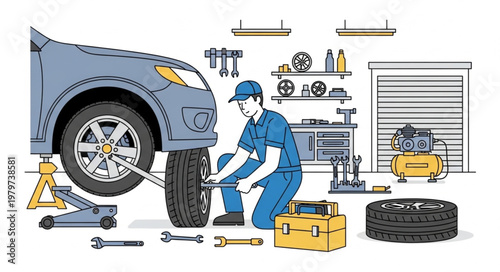 Mechanic changing car tire.