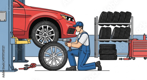 Mechanic changing car tire.