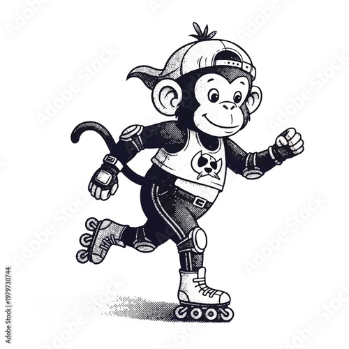 Monkey wearing rollerblades and protective gear.