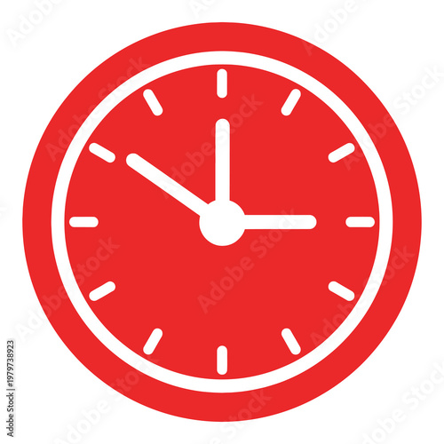 Red clock icon with white hands and markings on white background icon