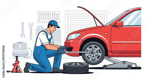 Mechanic changing car tire outdoors.