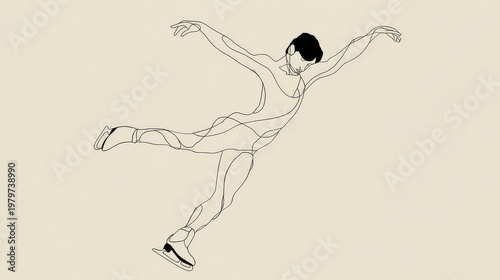 Elegant dancer gliding gracefully on ice, showcasing balance and poise in a minimalist line art design against a soft backdrop