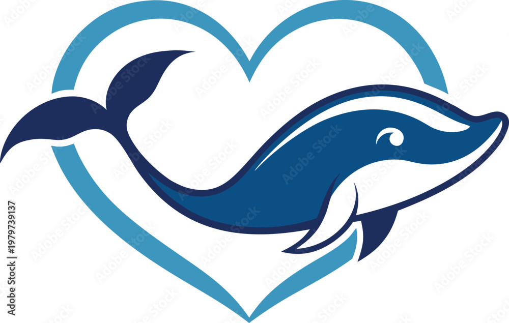 Fototapeta premium Stylized dolphin inside heart shape vector logo for ocean conservation