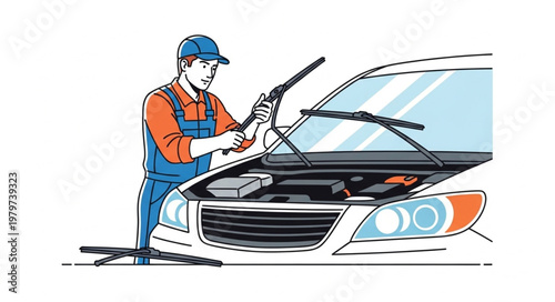 Mechanic changing car windshield wiper.