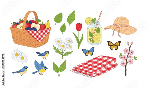 Colorful picnic setup with basket, flowers, and refreshing drink