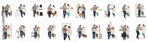 Collection of flat vector illustrations depicting a young couple managing finances, planning goals, and enjoying coffee in various cozy home settings.