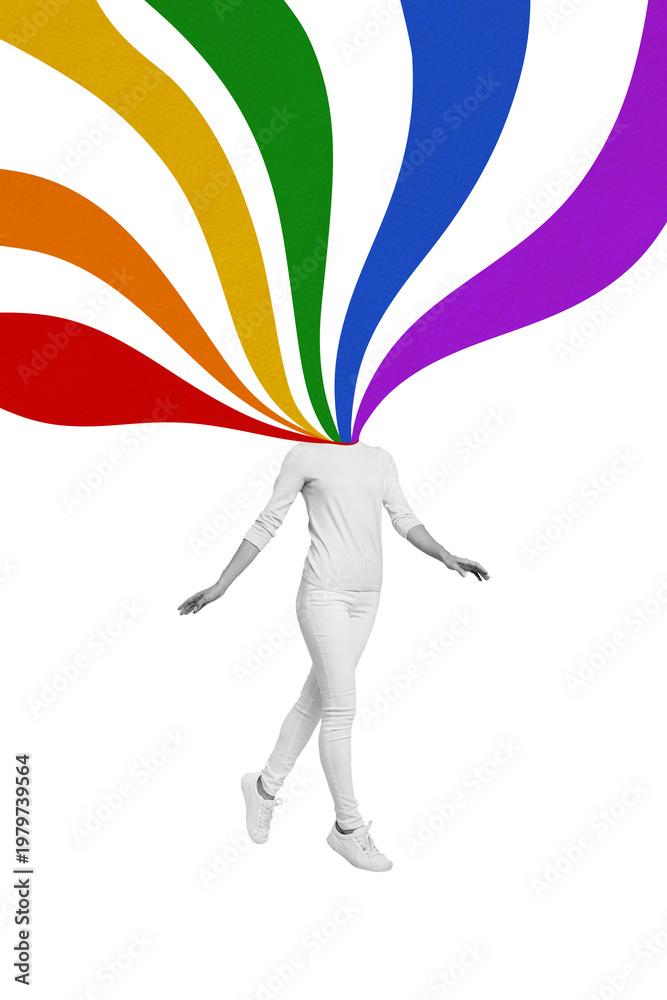 Obraz premium 3D collage design composite trend artwork sketch of silhouette young lady headless walk orientation gay rainbow gender freedom equality