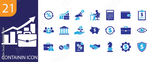 Collection of financial plan icon set with budget, investment, savings and business strategy symbols