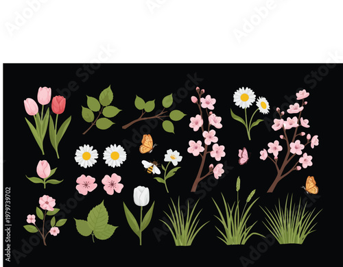 Vibrant spring flowers and butterflies on black background