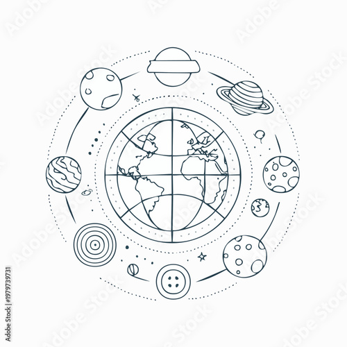 Stylized illustration of Earth and planets in orbit.