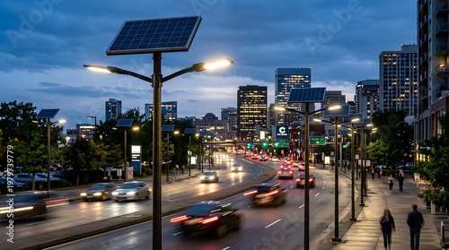 Modern city street illuminated by solar-powered lights at twilight, showcasing sustainable urban infrastructure and bustling evening traffic