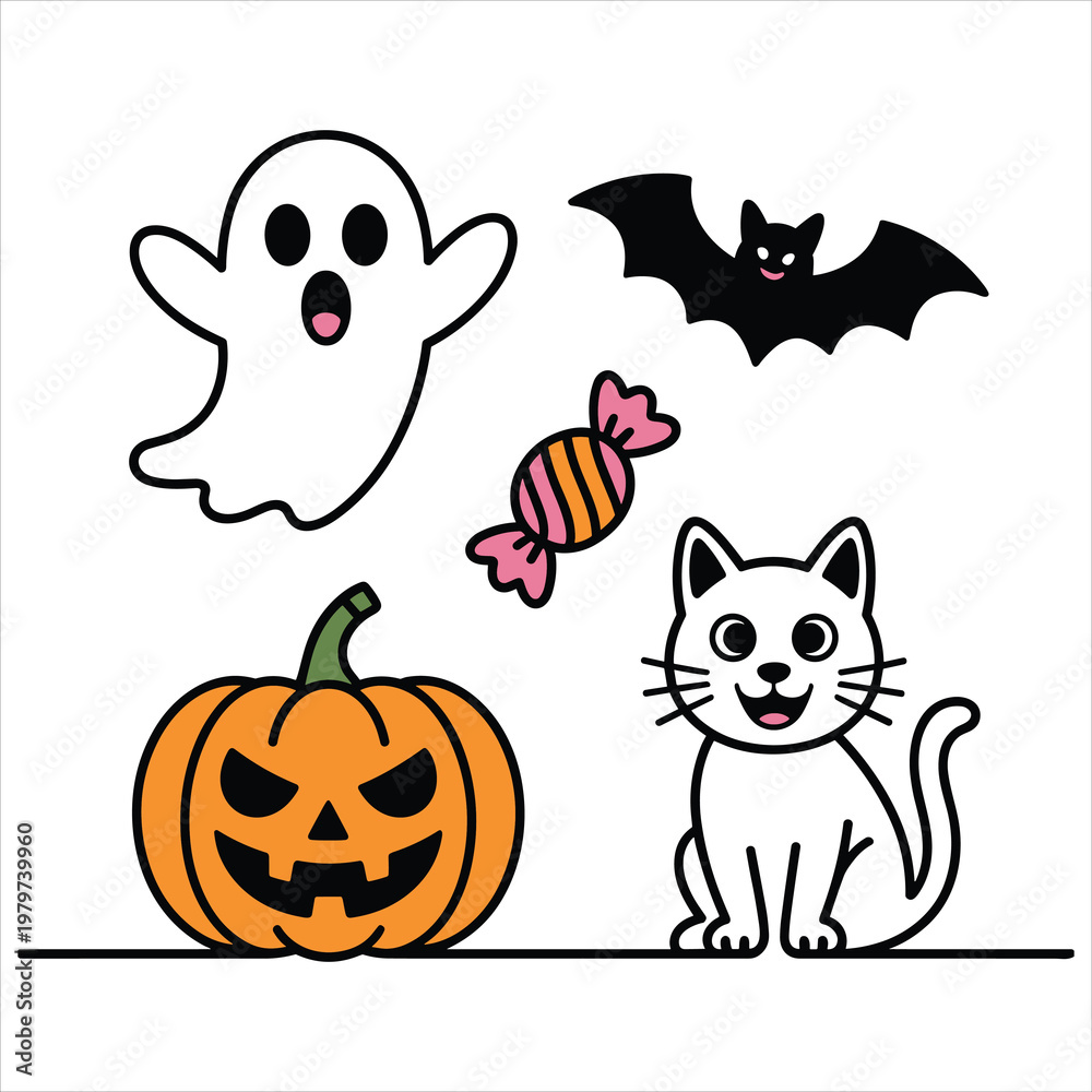 Fototapeta premium Halloween set with ghost, bat, candy, jack-o'-lantern, and cat