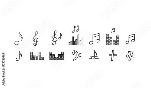 Konstfotografi Thin Line Music Note Icon Set with Melody and Composition Symbols for Audio Desi