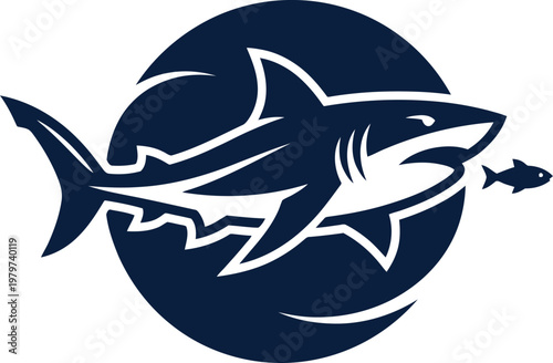 Circular graphic of a shark chasing a small fish vector can Editable