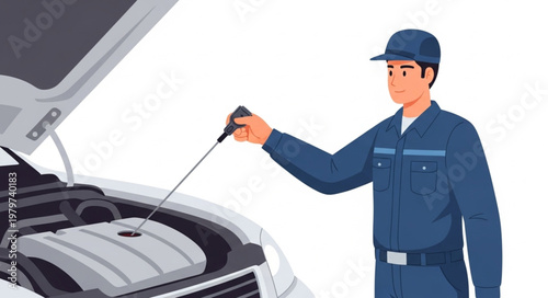 Mechanic checks car engine oil.