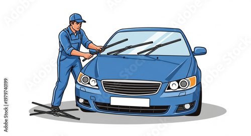 Mechanic cleaning a blue car windshield with a squeegee.