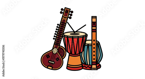 Traditional Indian Musical Instruments Displayed.