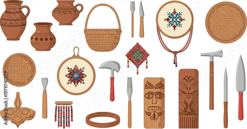 Traditional Handmade Crafts Vector Set Featuring Pottery Ceramics Woven Baskets Wood Carvings And Ethnic Embroidery For Cultural Heritage Artisanal Workshop And Folklore Graphic Designs