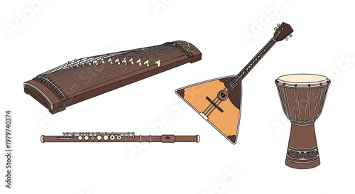 Musical instruments on a white background.
