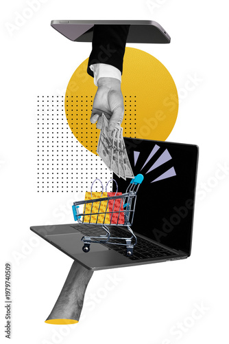 Tableau sur toile Vertical collage photo poster laptop shopping supermarket cart packages black fr