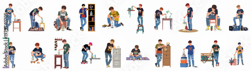 Vector illustration set of young men in casual wear saving money in glass jars for their college fund in various daily life settings.