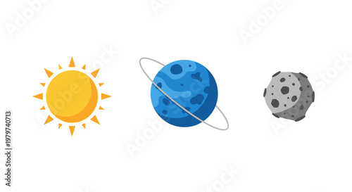 Sun planet and moon in space.
