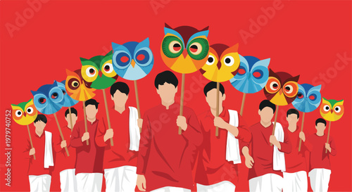 A group of people in red shirts holding colorful owl masks on sticks against a red background, depicting a cultural celebration.