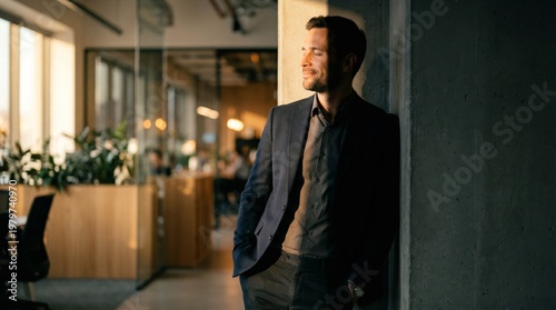 Confident businessman leaning against wall in modern office looking relaxed