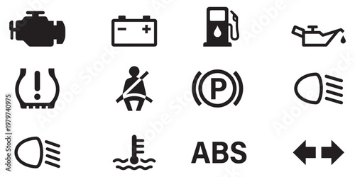 Cars dashboard icon set. Car dashboard warning icons. Car dashboard warning light symbols collection. Vector Illustration.
