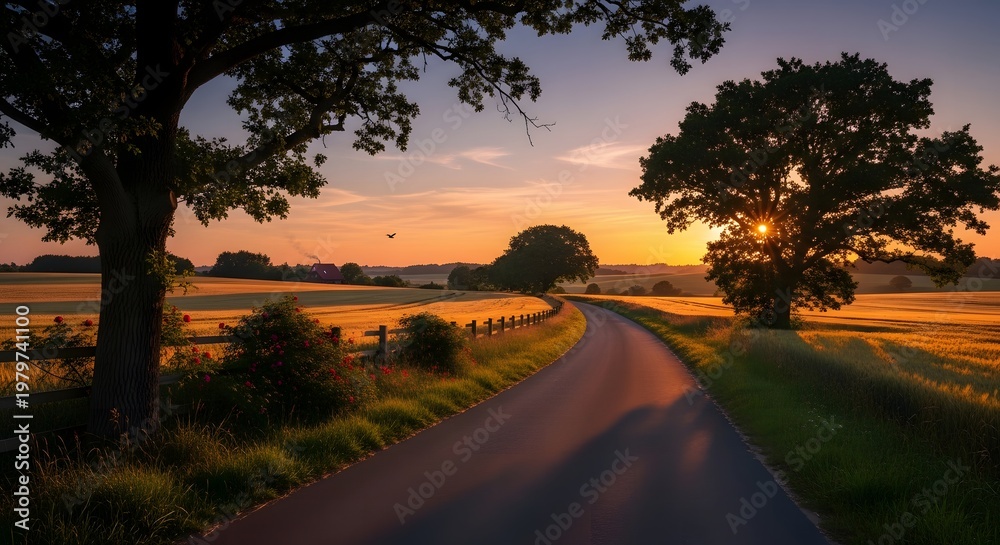 Fototapeta premium Golden hour pathway a serene sunset walk through rolling fields
