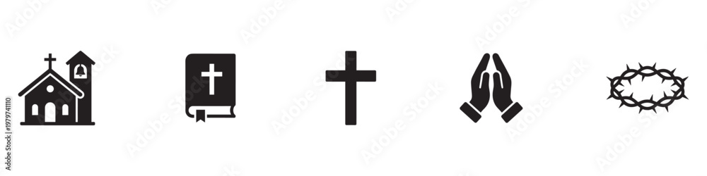 Fototapeta premium Set of Christian Religious Icons. Cross Bible Church Praying Hands and Crown of Thorns Symbols. Vector illustration. EPS 10