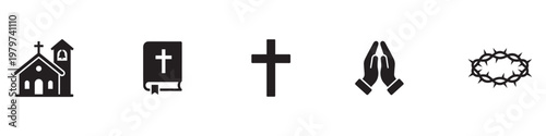 Set of Christian Religious Icons. Cross Bible Church Praying Hands and Crown of Thorns Symbols. Vector illustration. EPS 10